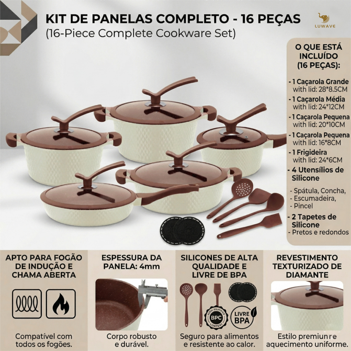Conjunto Panelas 16 Peças Inox Luwave Com Utensílios De Silicone Gás e Elétrico e fogão de indução